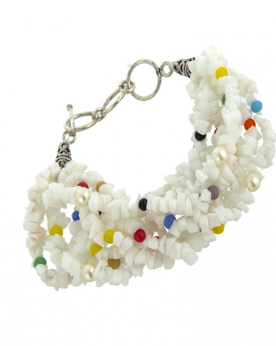 9" String White Glass Chips With Multi Glass Beads & Pearl Beads Toggle Bracelet