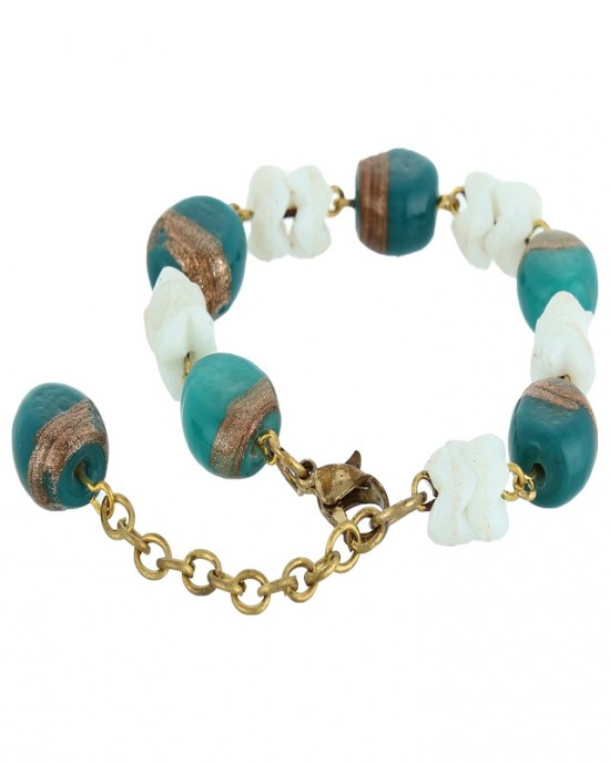  7½" White, Turquoise & Gold Glass Beads With Golden Color Chain Bracelet