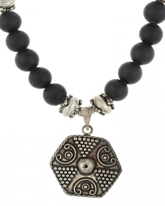 20" Black Matt Glass Beads With Silver Cris Pendant Necklace