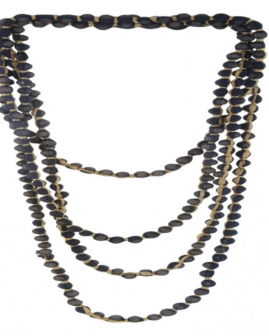 126" Wooden Beads With Golden Ribbon Two Shade Fabric Necklace